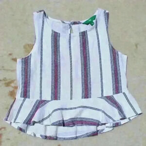 LINEN Striped Cropped Sleeveless Tank Top Ruffle Hem Peplum Women Small